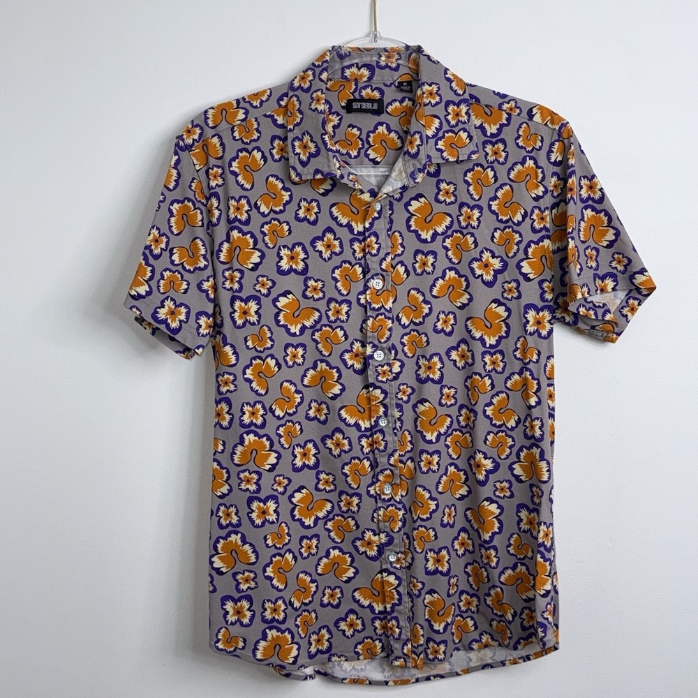 St33le Jersey Short Sleeve Shirt Melon/Orchid Men's Sz Medium Button Up